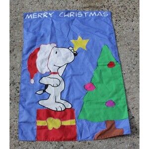 Rare Vintage Peanuts Snoopy Merry Christmas Tree Large Embroidered Garden Flag